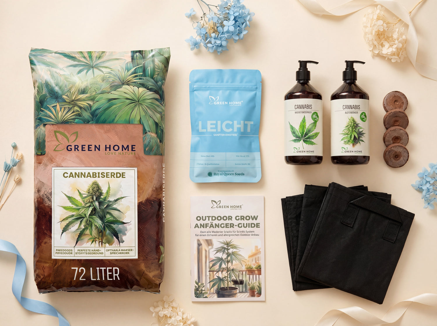 LEICHT Cannabis Outdoor Grow System Komplettset Übersicht mit 3 Samen, 72 L Erde, Dünger und Filztöpfen