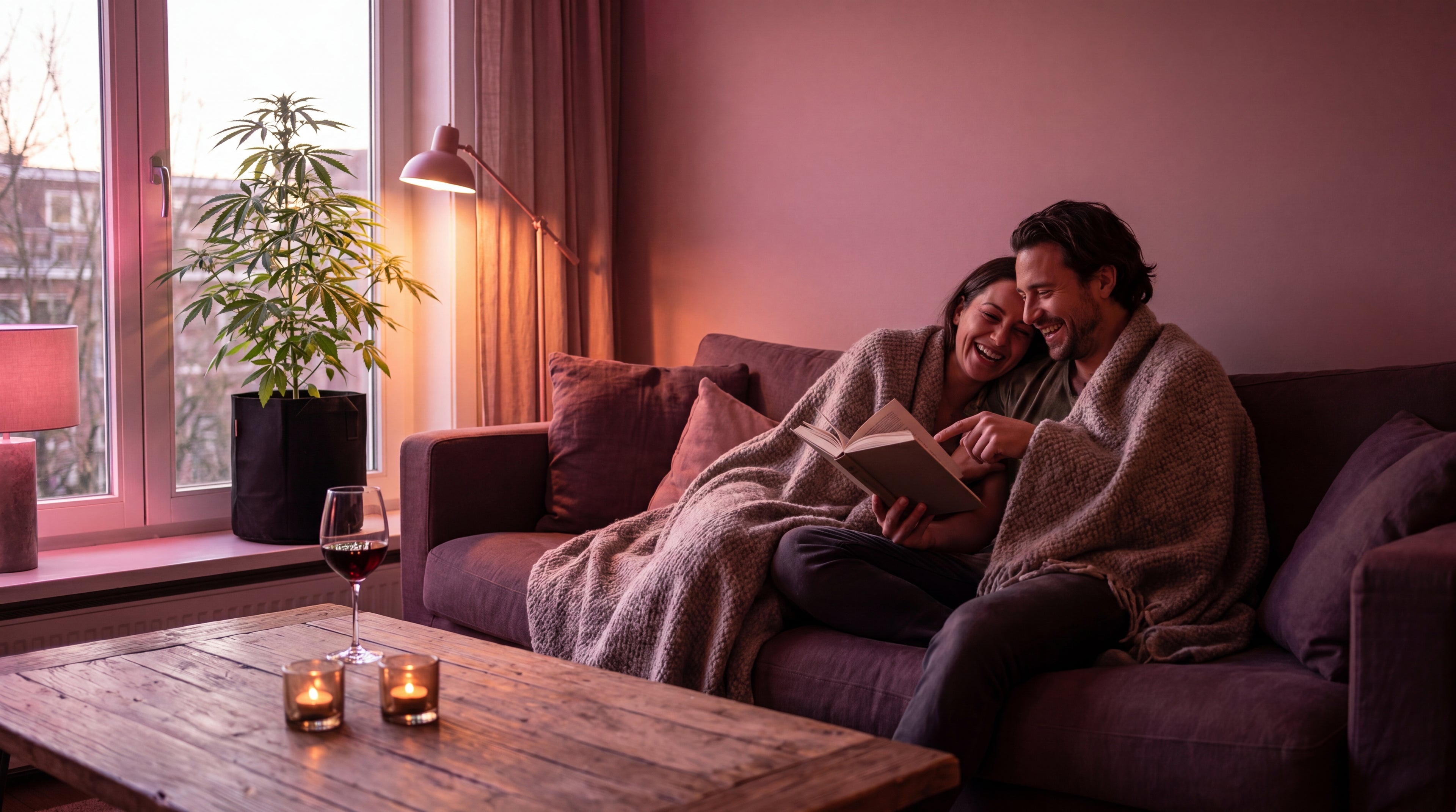 NÄHE Outdoor Grow System mit Royal Kush Auto in intimer Wohnzimmer-Atmosphäre, Paar auf Sofa bei Kerzenschein