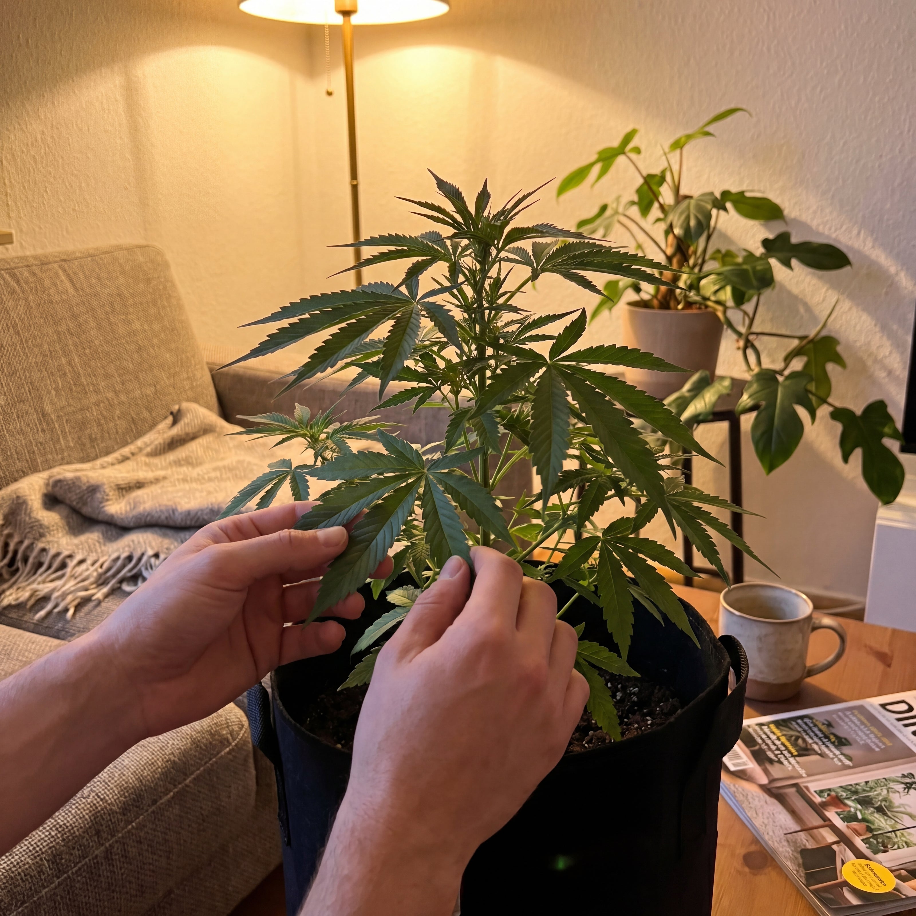 Hände berühren Cannabis-Blätter der Royal Kush Auto im NÄHE Outdoor Grow System bei warmem Abendlicht