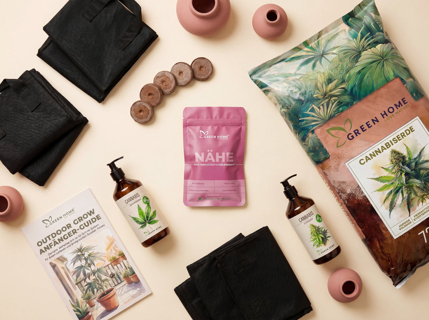 NÄHE Cannabis Outdoor Grow System Komplettset Übersicht mit 3 Samen, 72 L Erde, Dünger und Filztöpfen