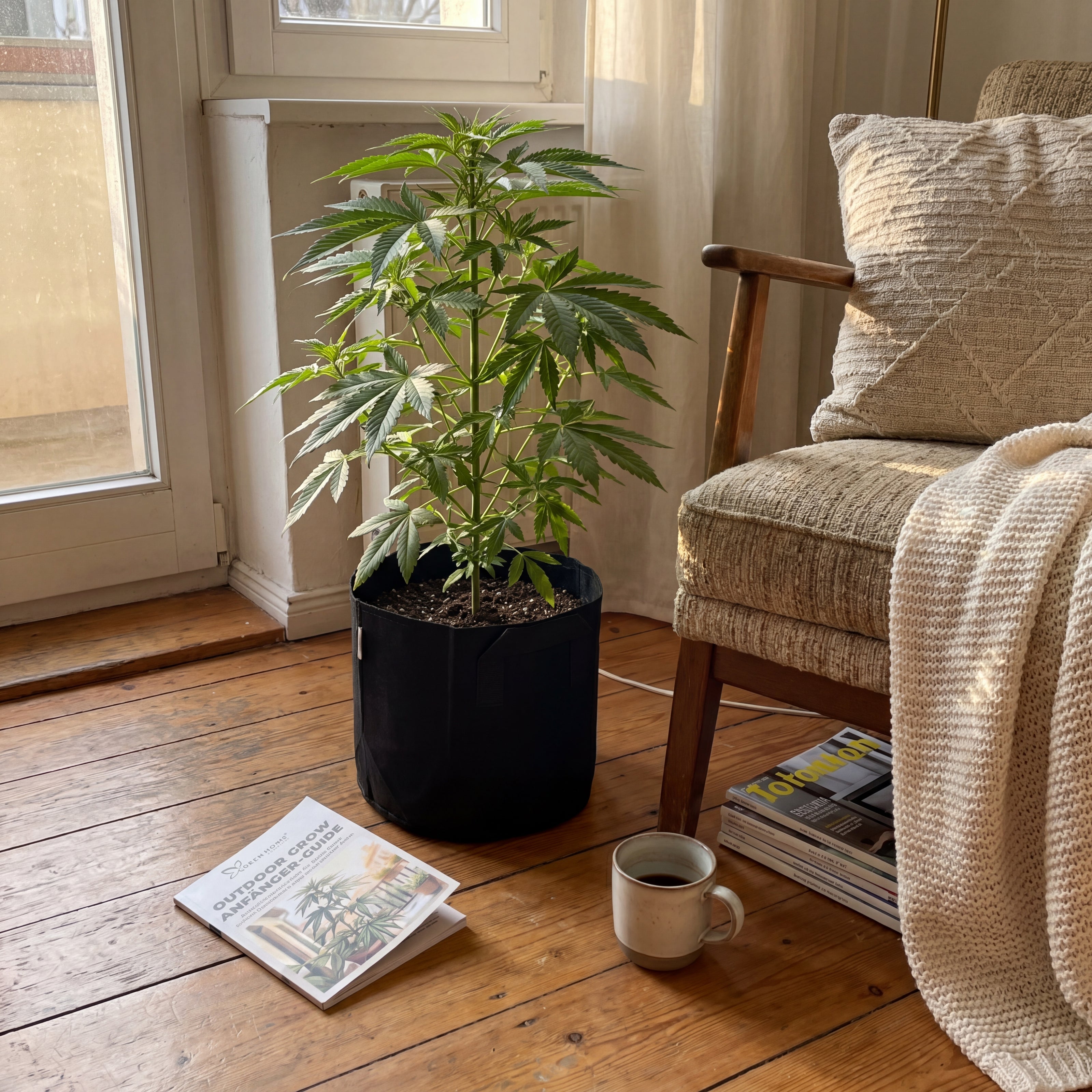 RUHE Cannabis Outdoor Grow Set in Anwendung, Northern Lights Auto im Filztopf neben Lesesessel im Wohnzimmer