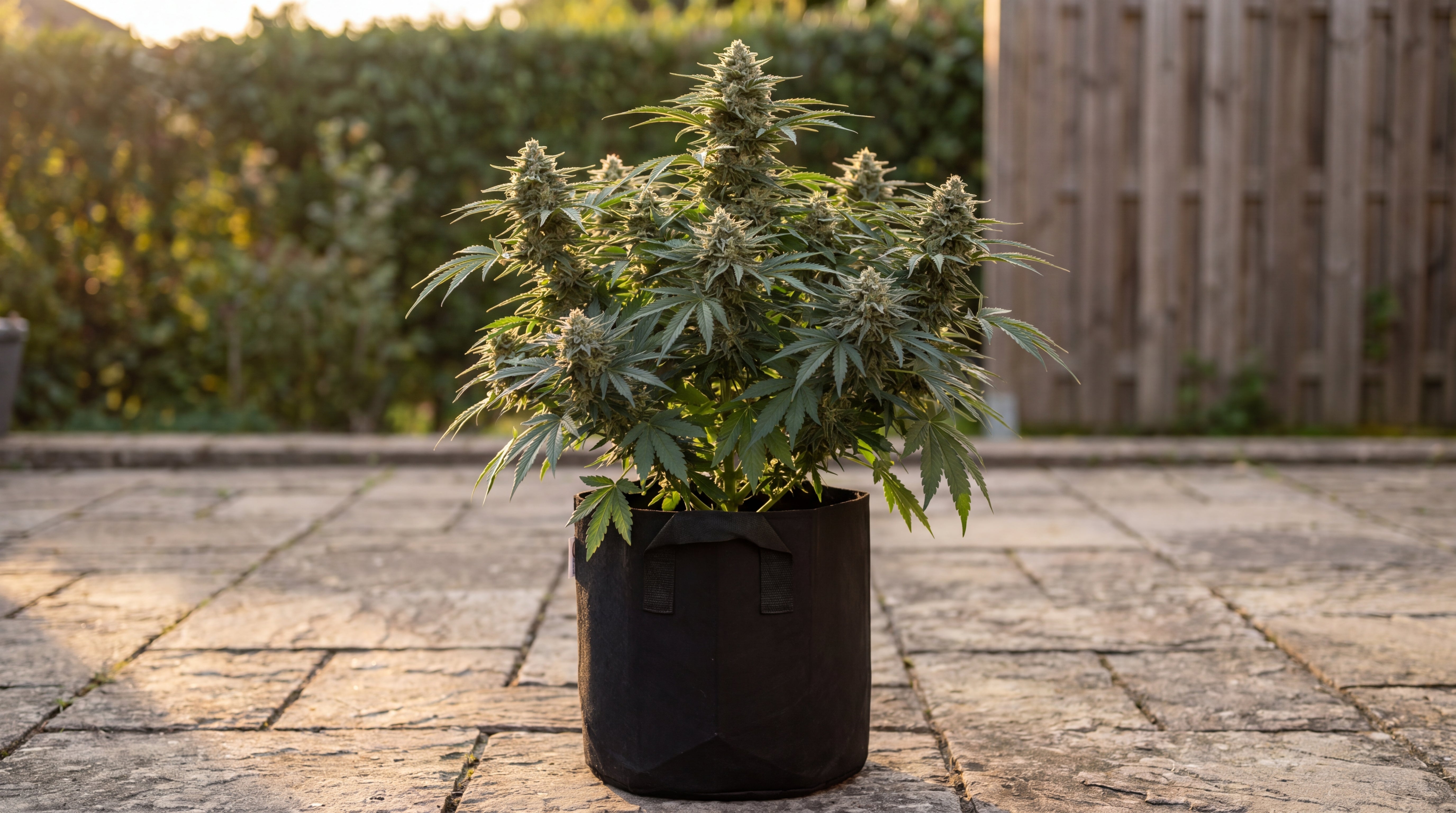 Nachher Bild RUHE Cannabis Outdoor Grow System: erntereife Northern Lights Auto Pflanze im Filztopf auf Steinterrasse