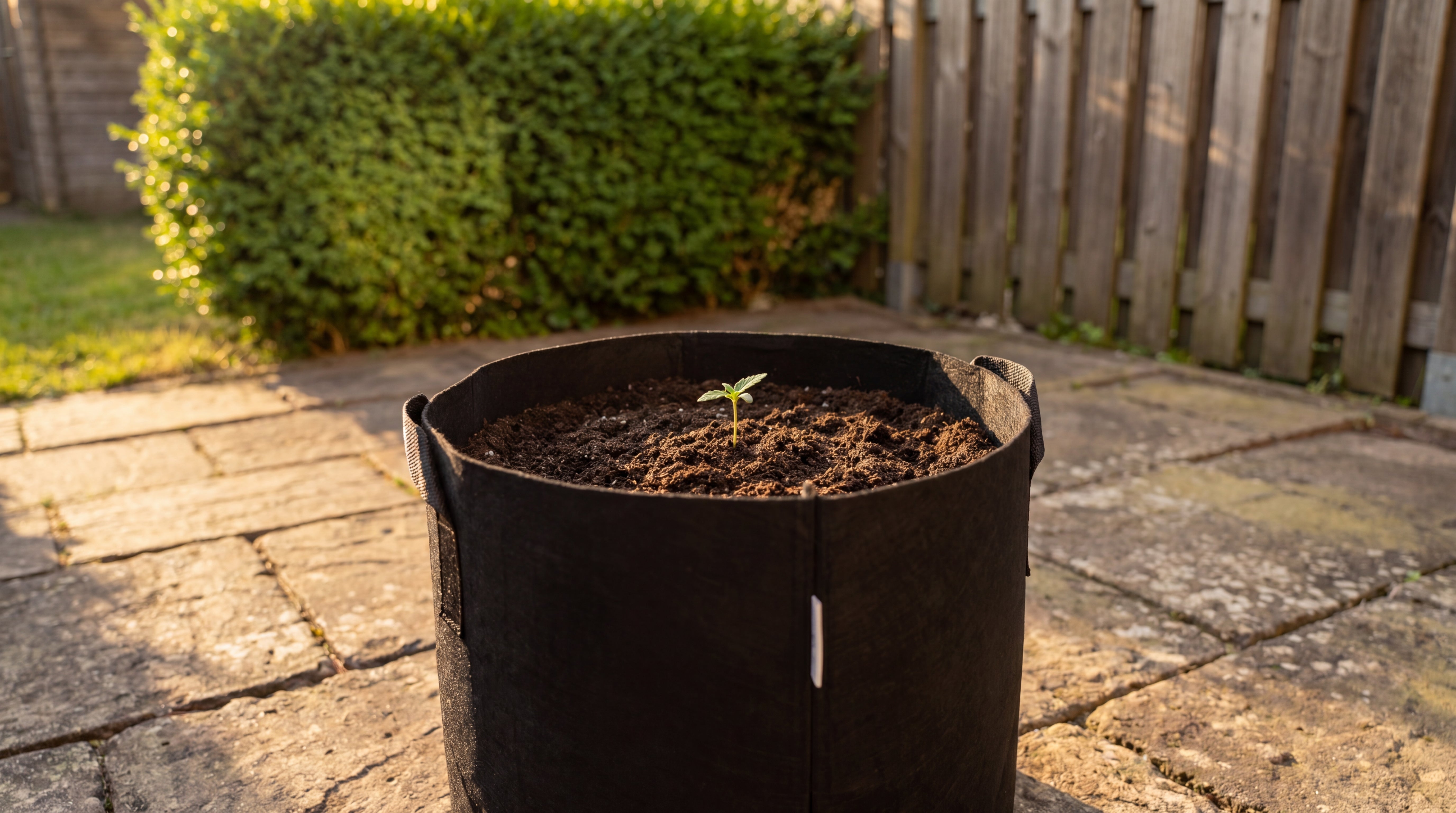Vorher Bild RUHE Cannabis Outdoor Grow System: junger Keimling im Filztopf auf Steinterrasse zu Saisonbeginn
