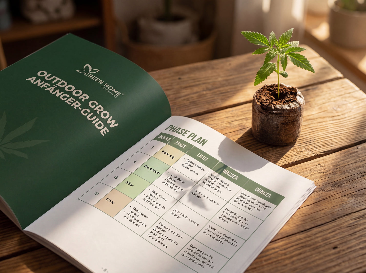 44-Seiten Outdoor Grow Anfänger-Guide mit Phasenplan für RUHE Cannabis Outdoor Grow System