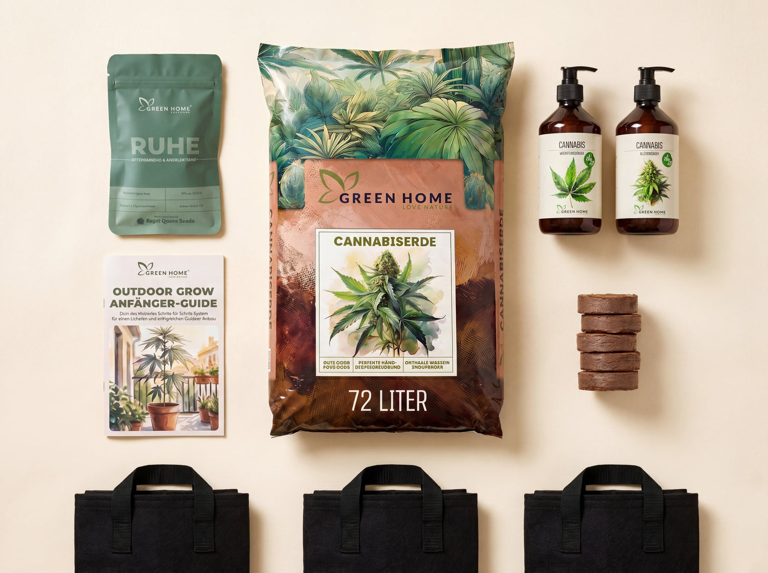 RUHE Cannabis Outdoor Grow System Komplettset Übersicht mit 3 Samen, 72 L Erde, Dünger und Filztöpfen