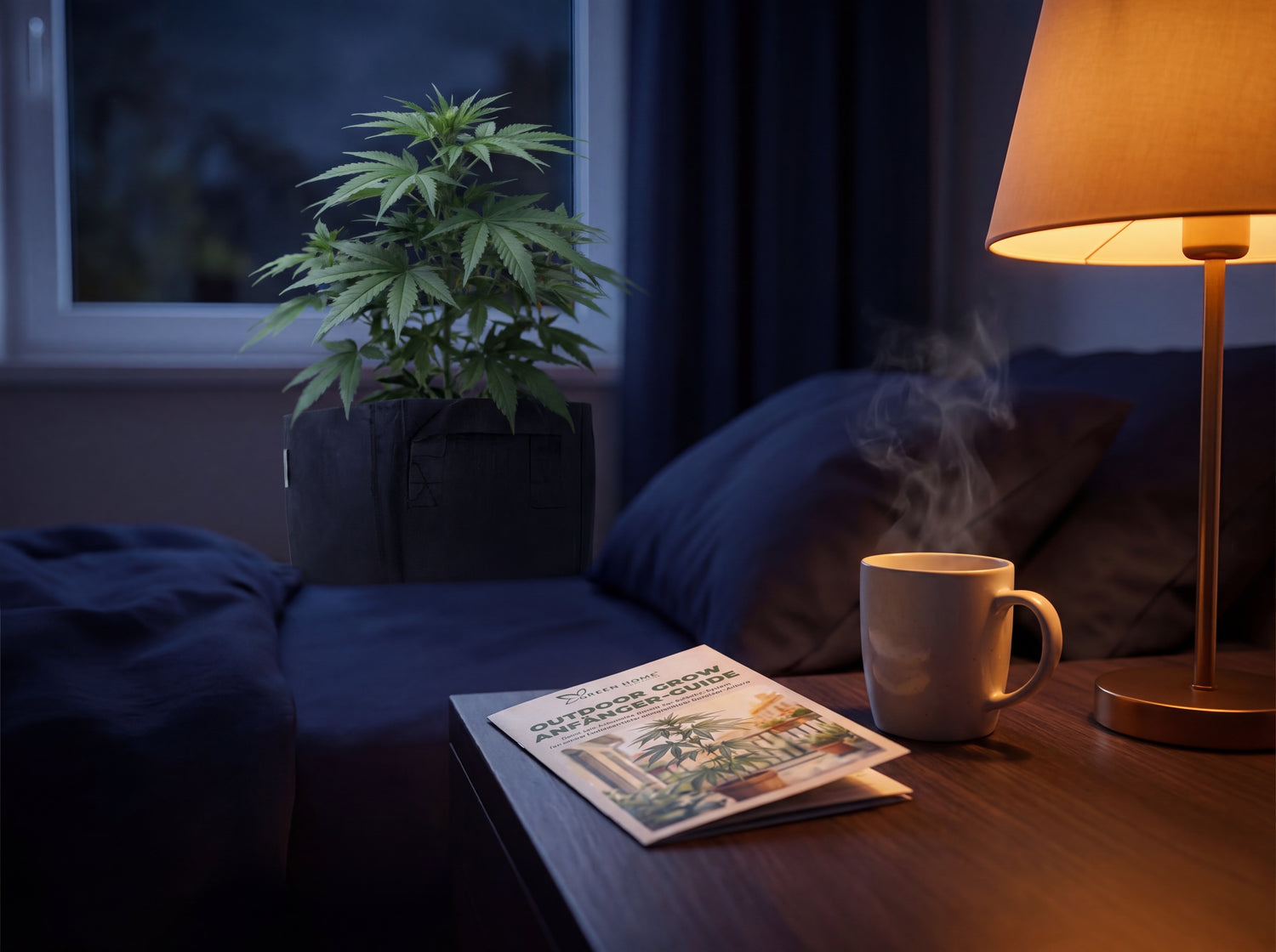 Buch und Teetasse auf Nachttisch neben Cannabis-Pflanze White Widow Auto im SCHLAF Outdoor Grow System