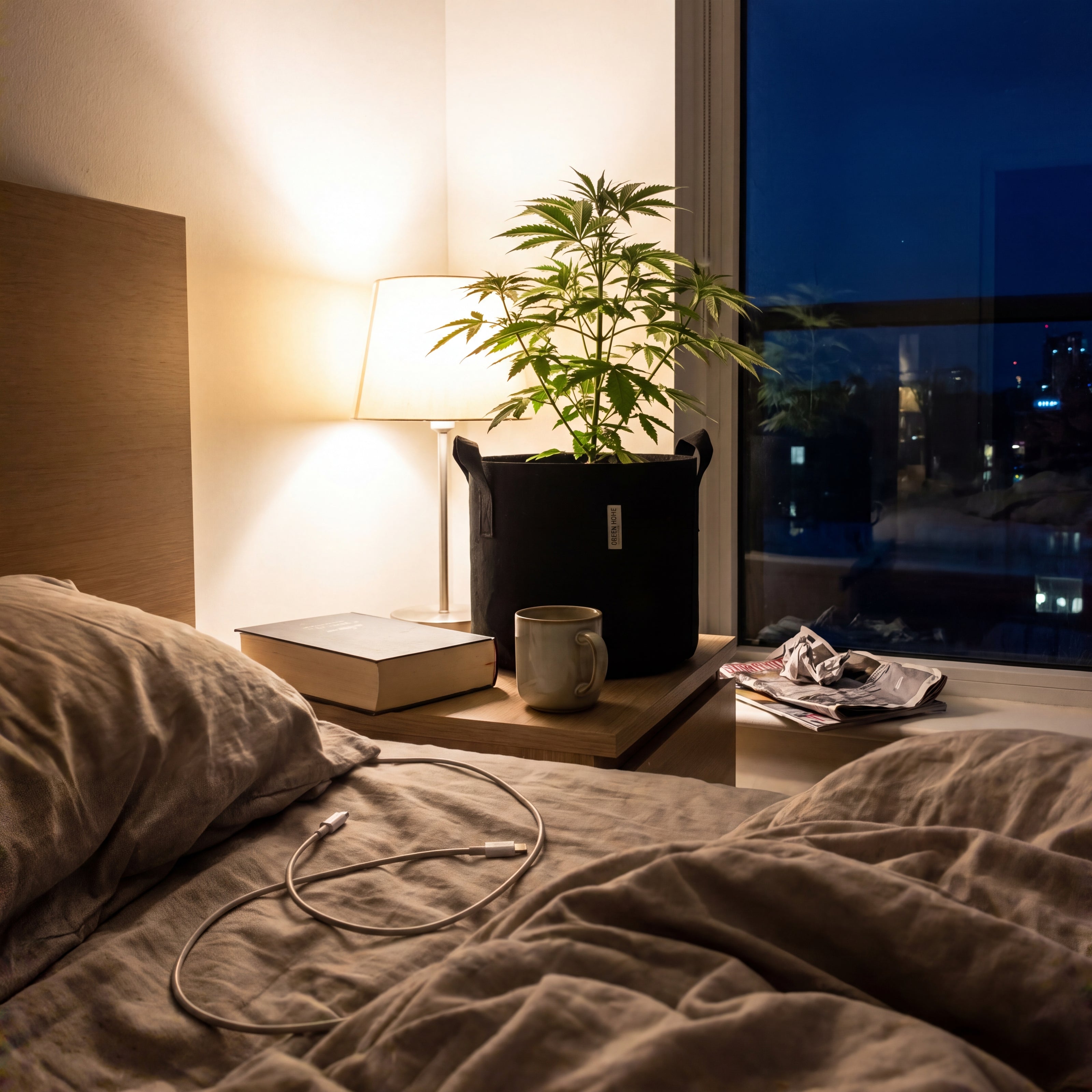SCHLAF Cannabis Outdoor Grow Set in Anwendung, White Widow Auto im Filztopf im Schlafzimmer am Abend