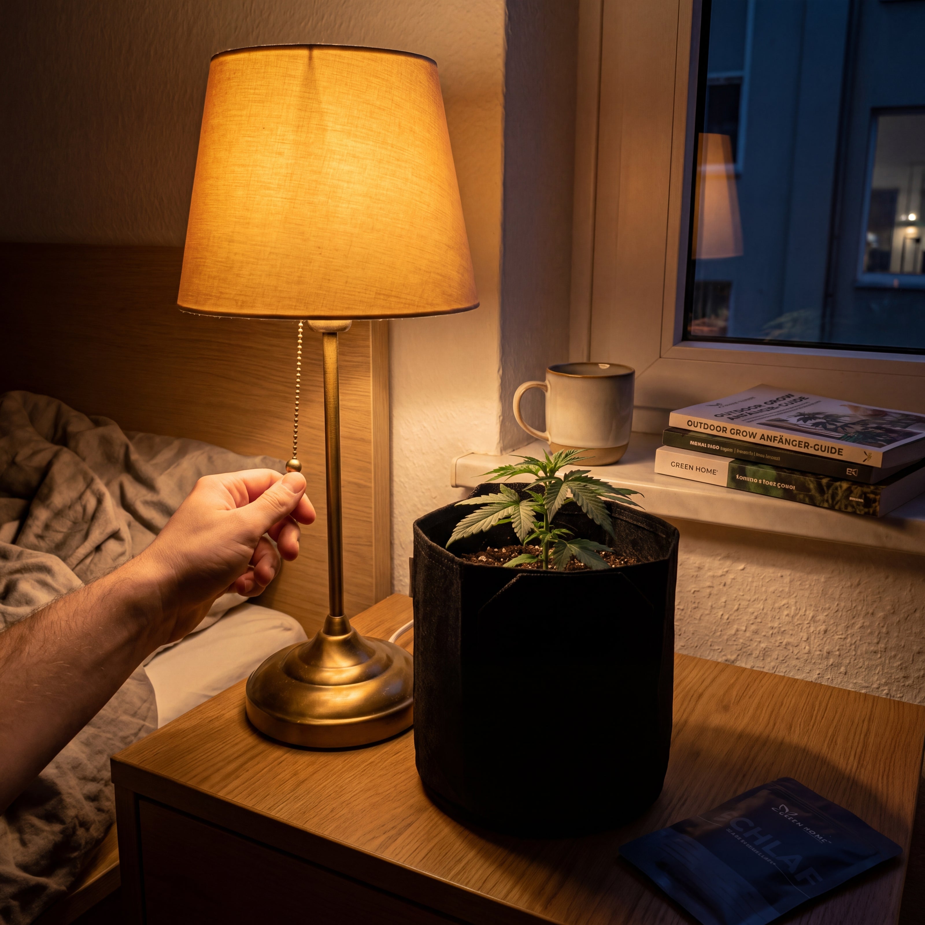 Hand am Lichtschalter der Nachttischlampe vor Cannabis-Pflanze White Widow Auto im SCHLAF Outdoor Grow System