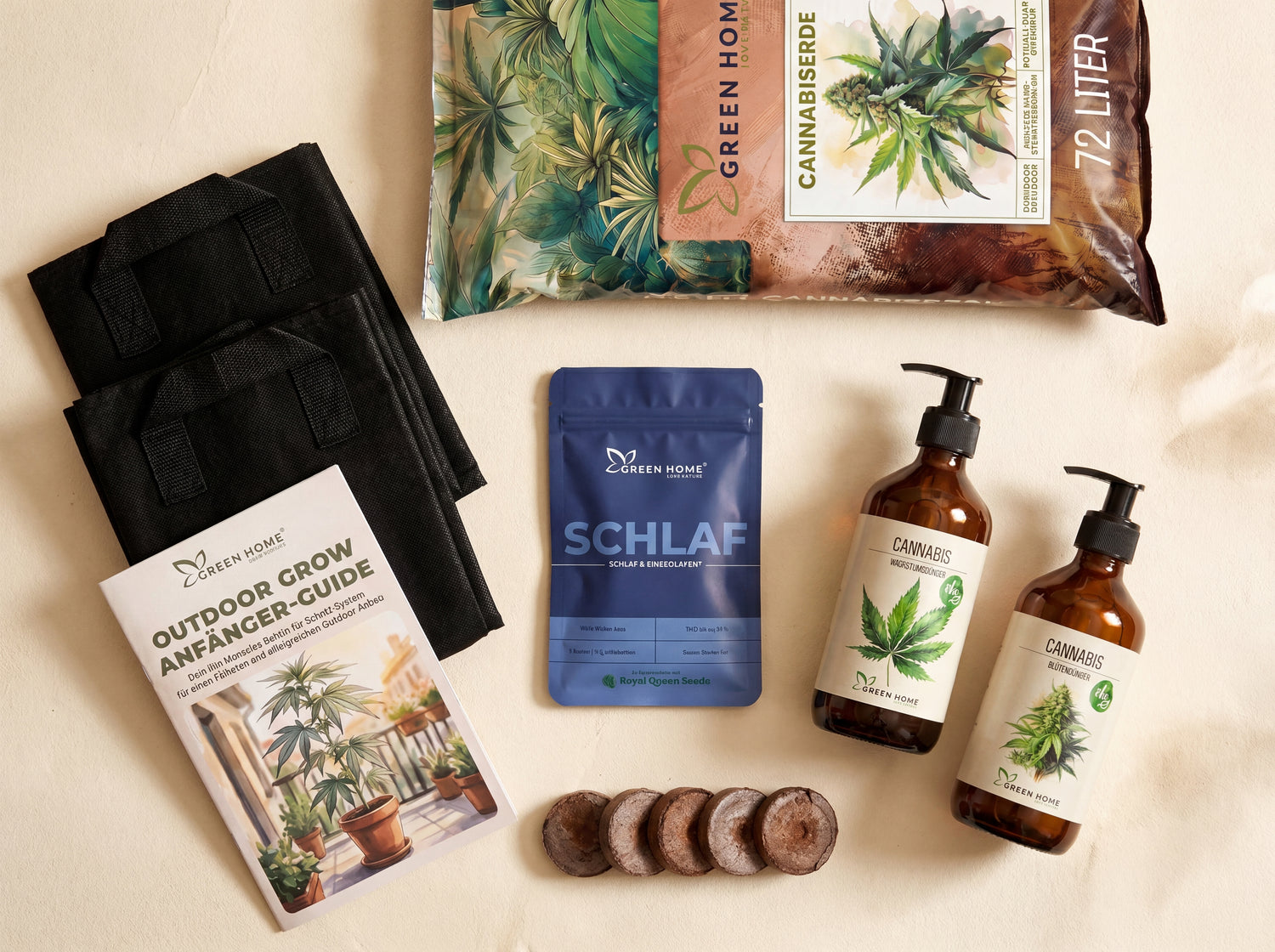 SCHLAF Cannabis Outdoor Grow System Komplettset Übersicht mit 3 Samen, 72 L Erde, Dünger und Filztöpfen