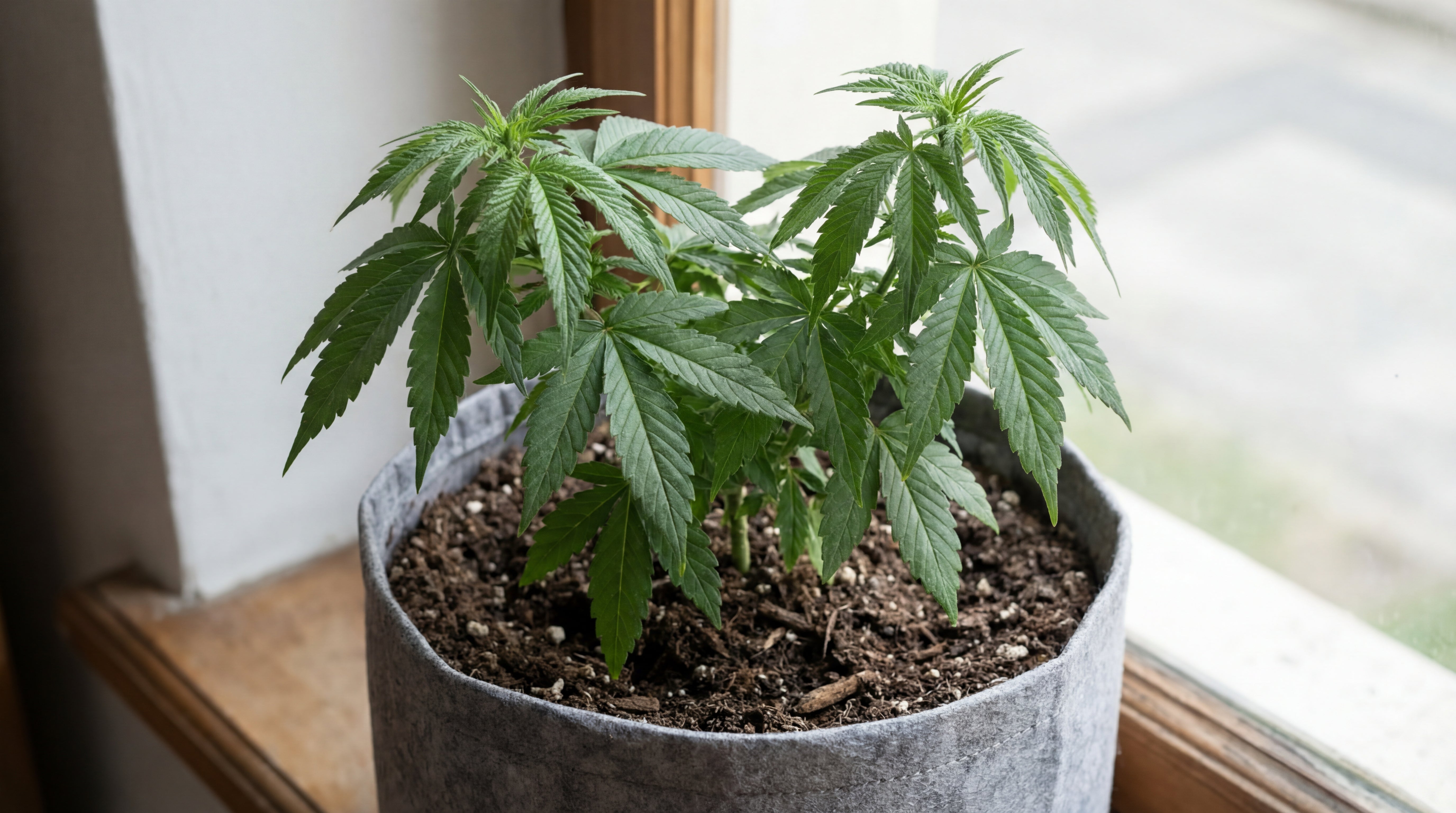 Gesunde Cannabis-Pflanze im Stofftopf auf der Fensterbank – stabiles Wachstum dank atmungsaktivem Pflanzsack.