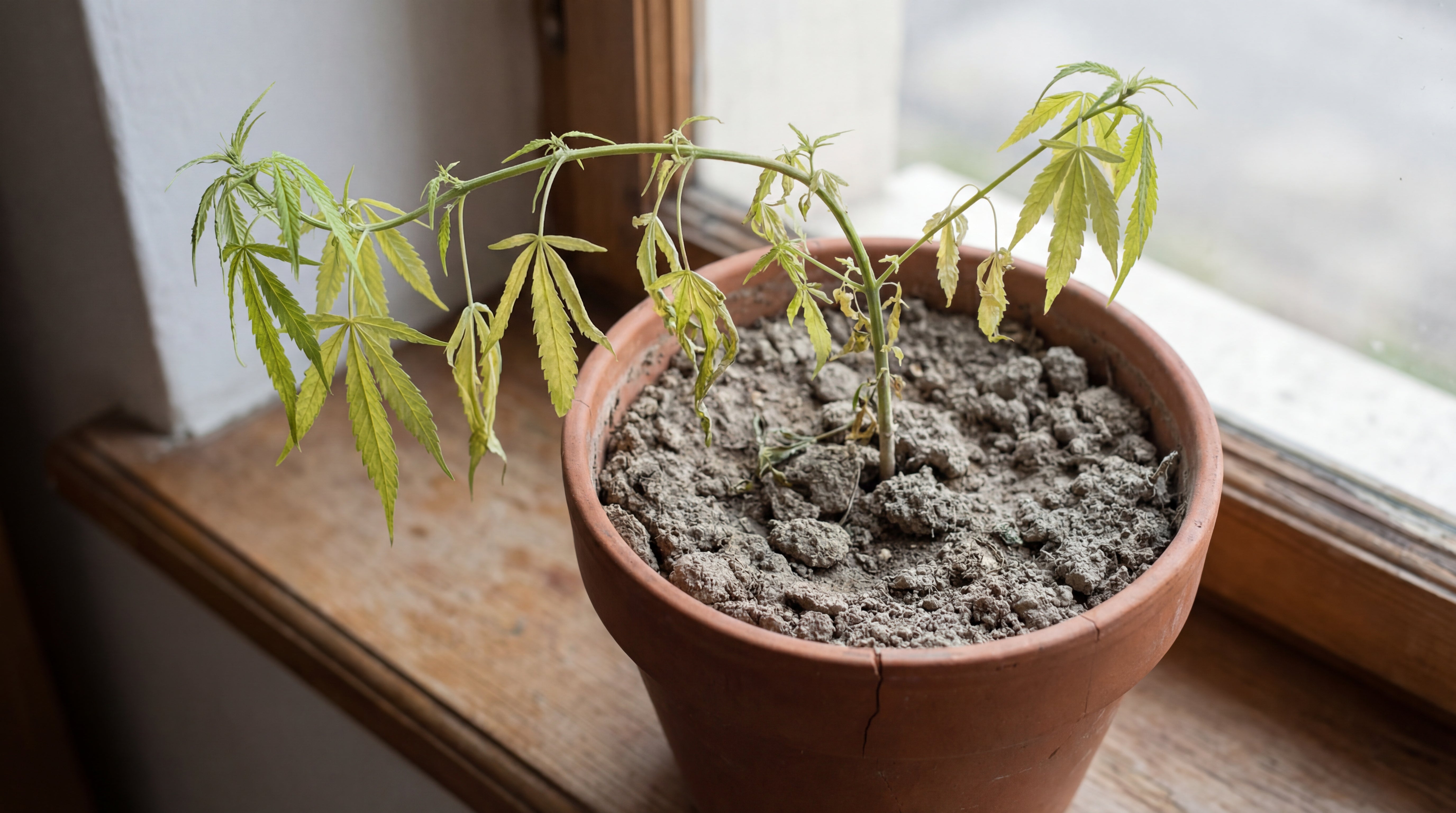 Geschwächte Cannabis-Pflanze in ungeeigneter Erde – Vergleichssituation ohne Spezialsubstrat.