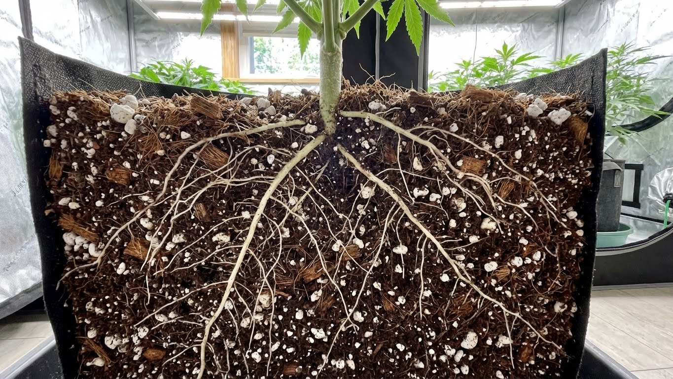 Schnittansicht einer Cannabispflanze mit stark verzweigtem Wurzelwerk in strukturreicher Cannabiserde.
