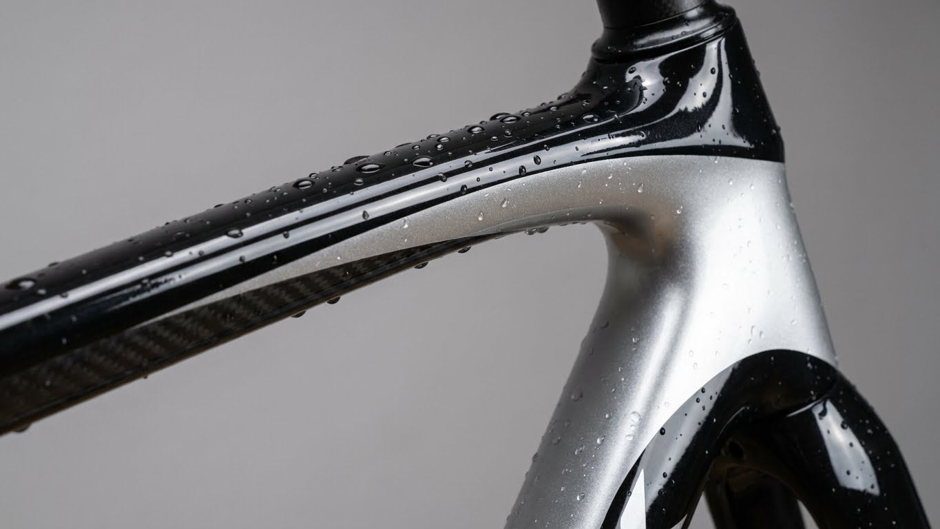 Nahaufnahme eines hochwertigen Carbon-Fahrradrahmens mit Wassertropfen zur Darstellung materialschonender Reinigung.