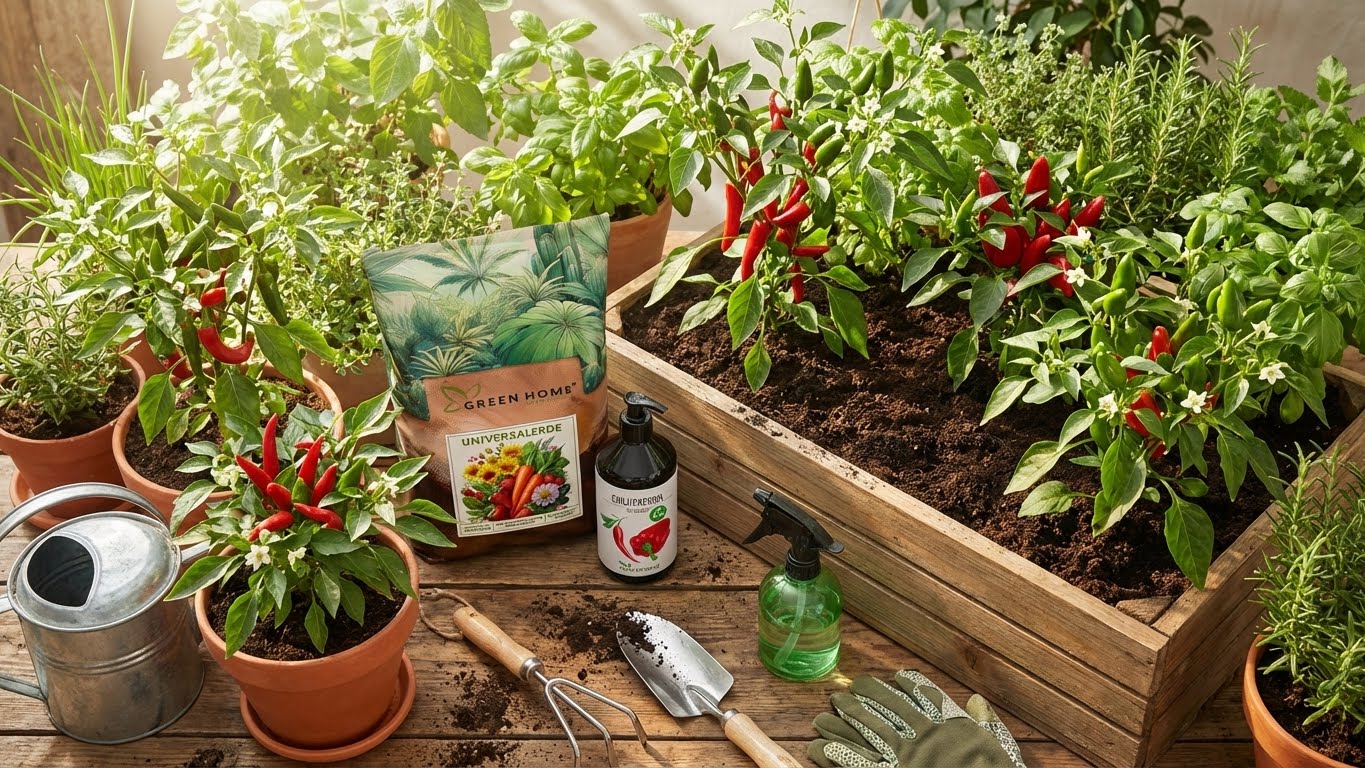 Gesunde Chili- und Paprikapflanzen im Hochbeet mit Green Home Universalerde