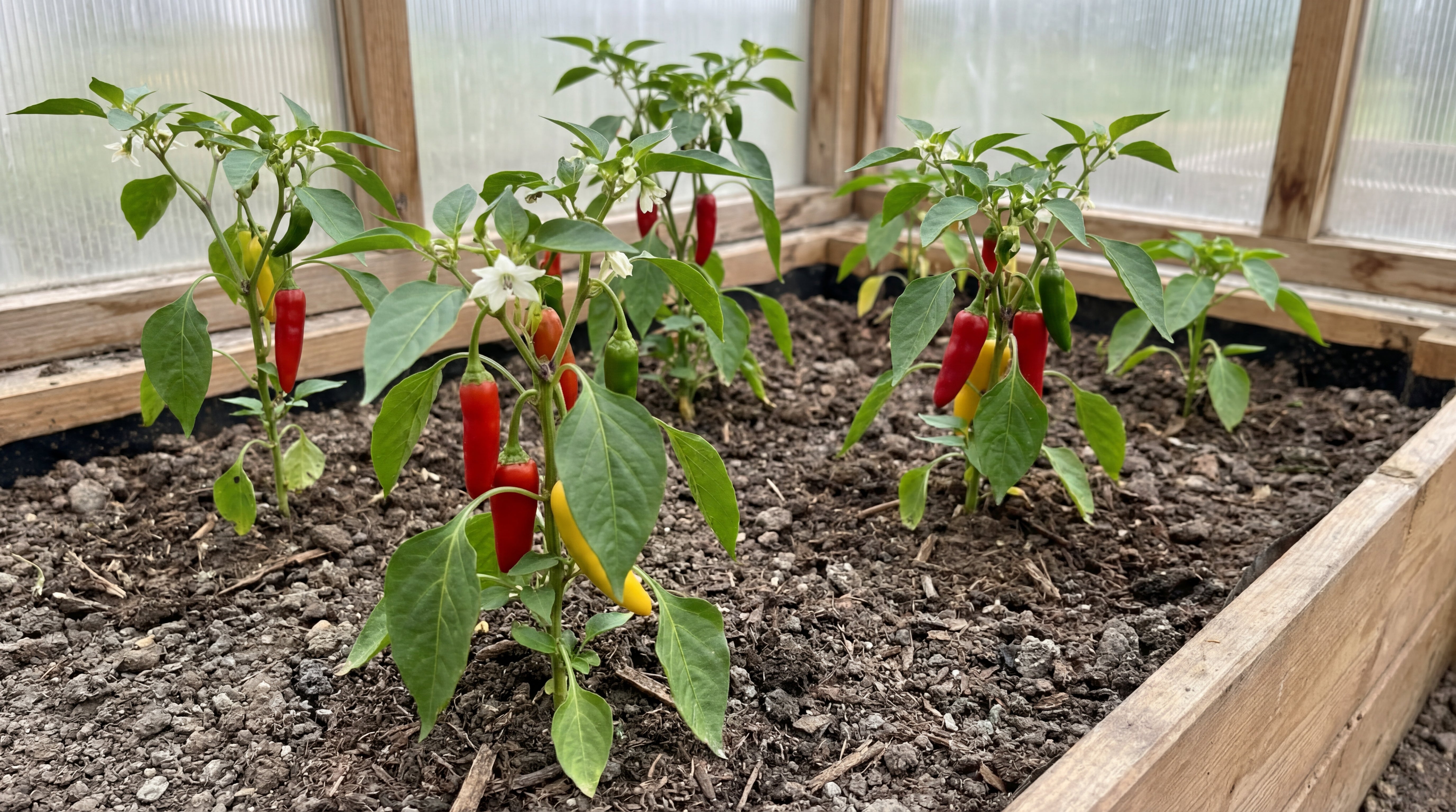 Kräftige Chili-Pflanzen mit roten und gelben Früchten nach optimaler Düngung