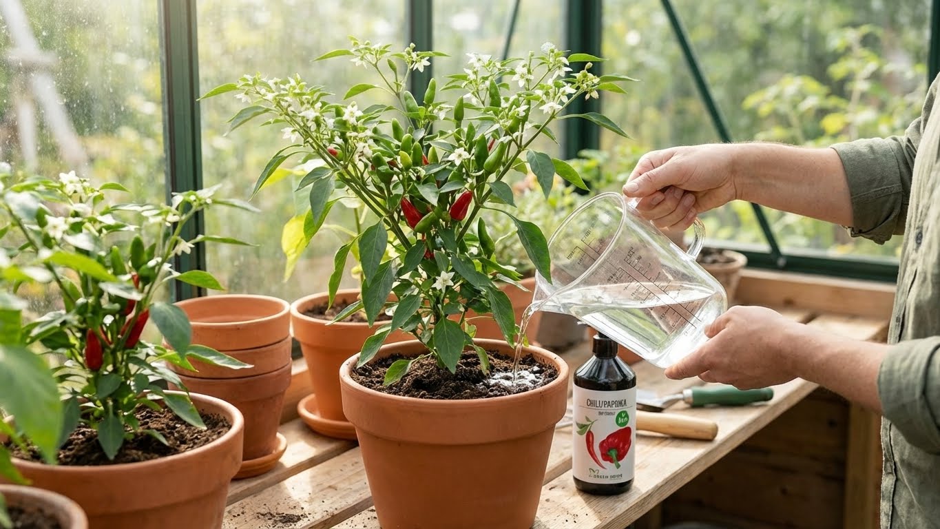 Chili-Pflanze im Topf wird mit Green Home Bio-Dünger im Gewächshaus gegossen
