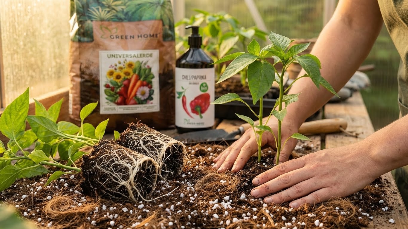 Chili-Setzlinge werden mit strukturstabiler Universalerde von Green Home eingepflanzt