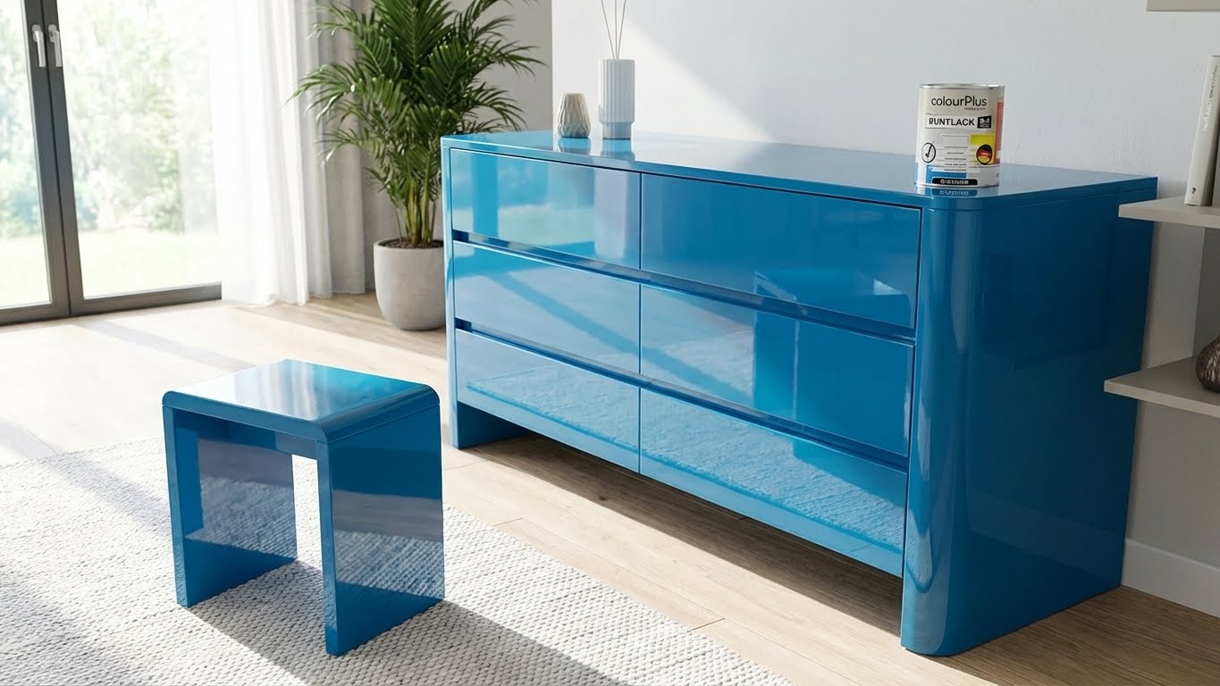 ColourPlus 2in1 Buntlack glänzend in Enzianblau auf einer lackierten Kommode und einem passenden Hocker im Wohnraum