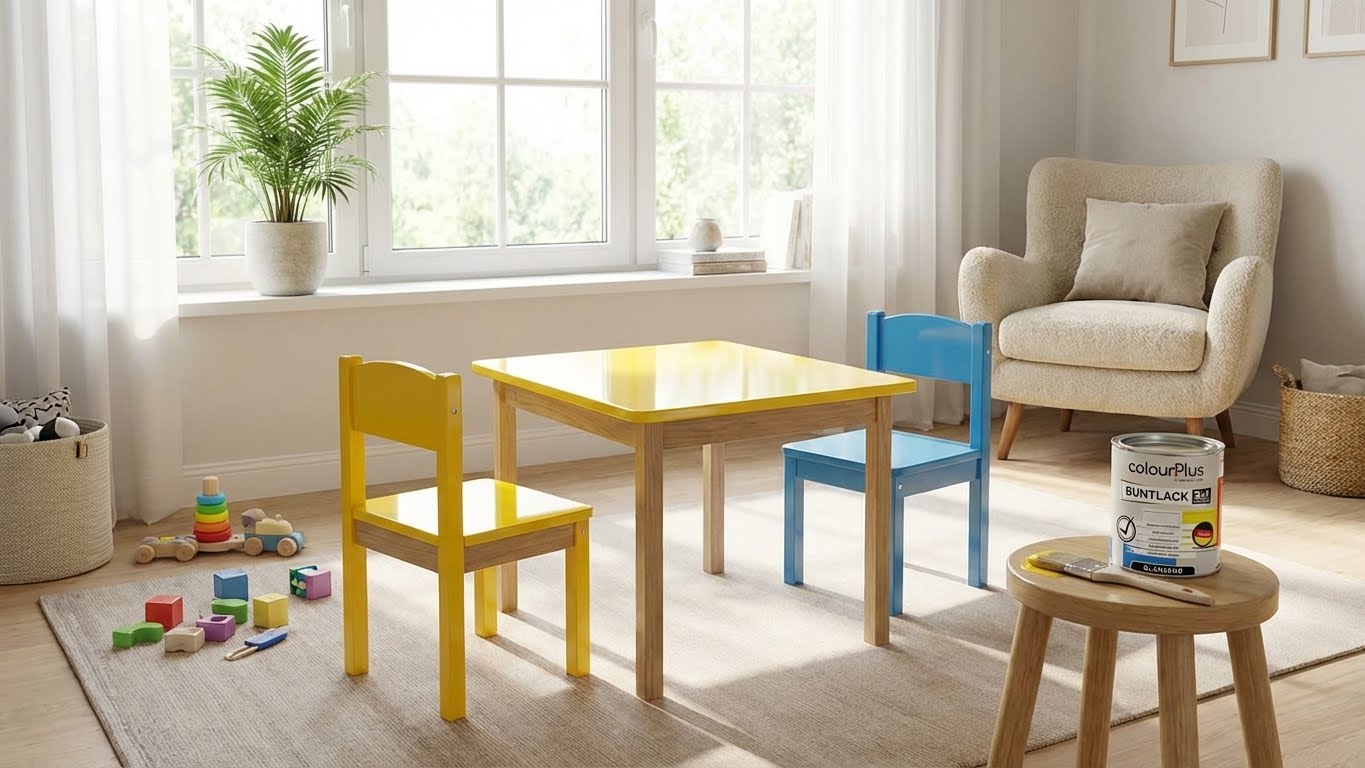 ColourPlus 2in1 Buntlack glänzend in Rapsgelb und Enzianblau auf lackiertem Kindertisch und Stühlen im hellen Kinderzimmer