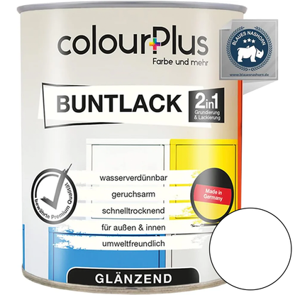 ColourPlus 2in1 Buntlack glänzend in Reinweiß als 750 ml Lackdose mit Grundierung und Lack in einem