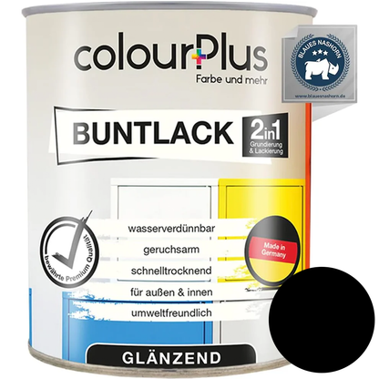 ColourPlus 2in1 Buntlack glänzend in Tiefschwarz als 750 ml 2in1 Buntlack mit glänzendem Finish