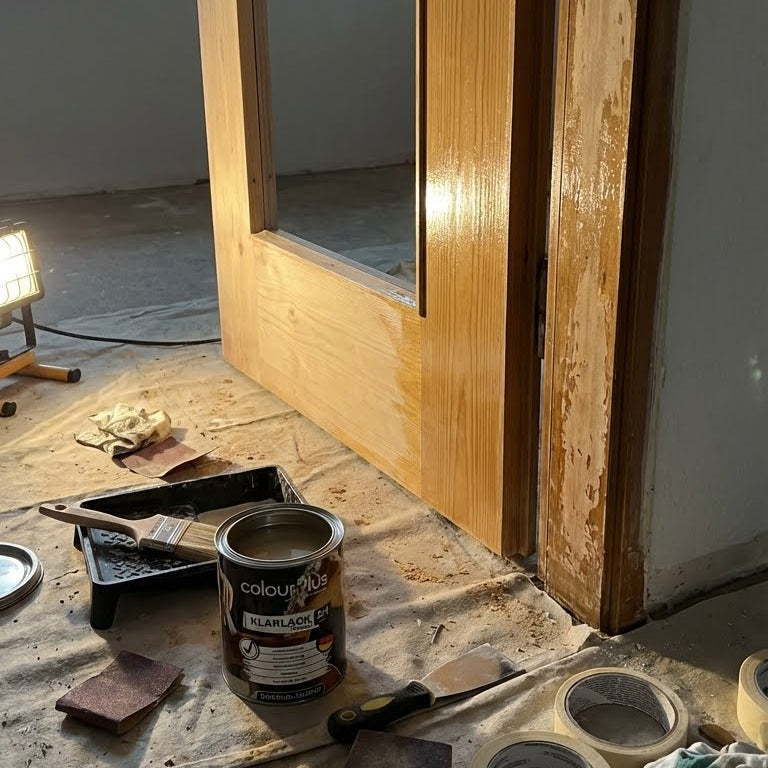 ColourPlus 2in1 Klarlack bei der Anwendung auf einer Holztuer im Innenbereich mit Werkzeug und Abdeckmaterial