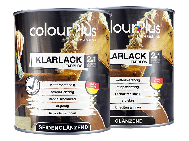 Zwei Dosen ColourPlus 2in1 Klarlack Farblos in 750 ml mit seidenglaenzendem und glaenzendem Finish