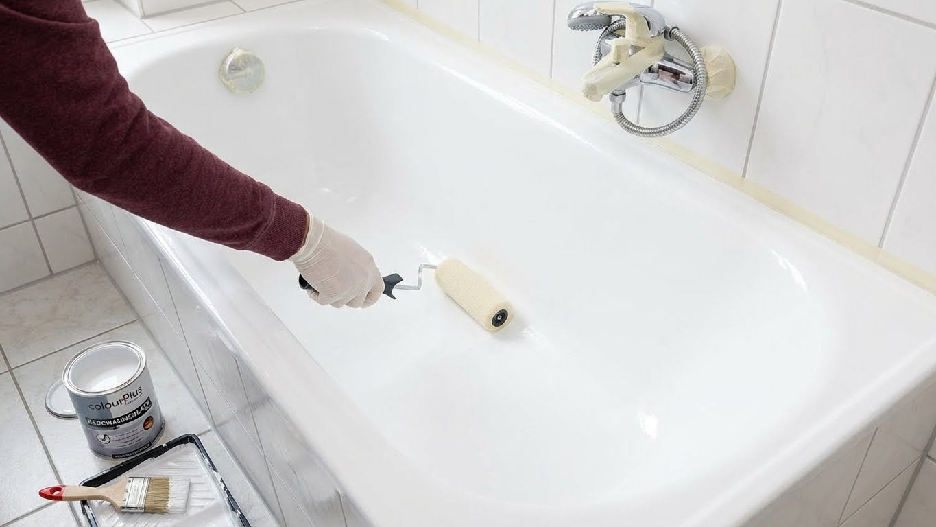 Anwendung von ColourPlus Badewannenlack beim Lackieren einer Badewanne mit Rolle