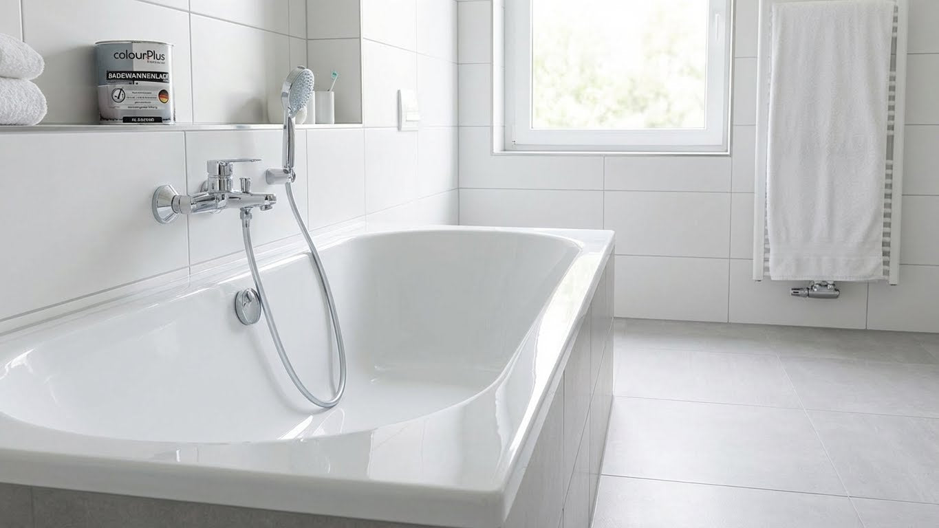 Helles Badezimmer mit weißer Badewanne und verchromter Armatur, im Regal steht eine Dose ColourPlus Badewannenlack neben gefalteten Handtüchern.