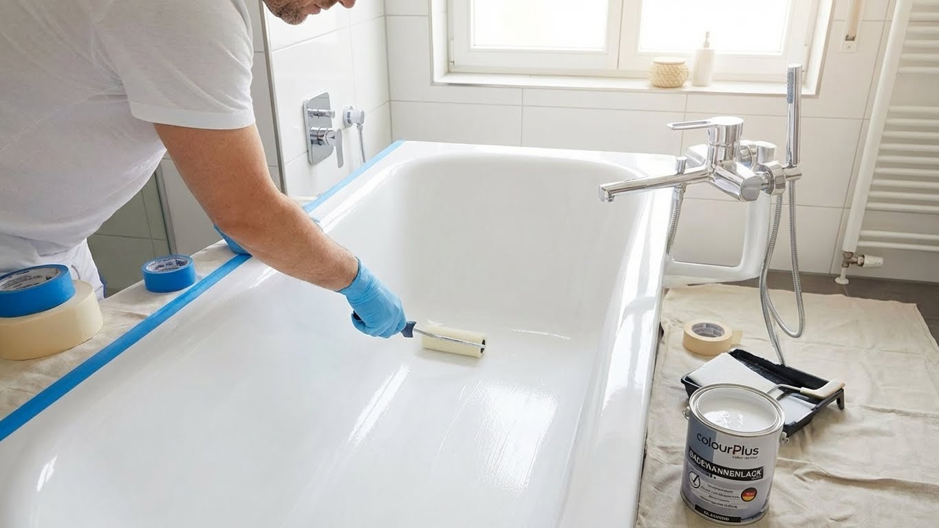 Ein Mann streicht eine Badewanne im Badezimmer mit einer Farbrolle und verwendet dabei ColourPlus Badewannenlack, während Abklebeband und Farbzubehör daneben liegen.