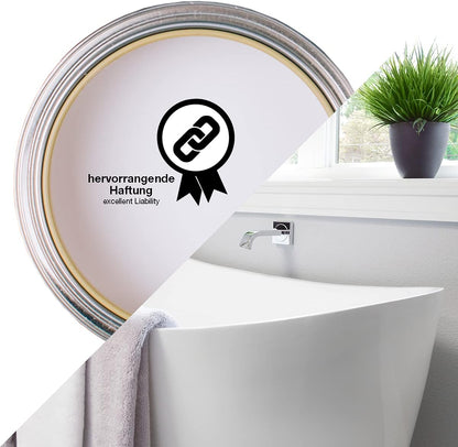 Detailansicht einer Badewanne im Badezimmer als Anwendungsbeispiel für ColourPlus Badewannenlack mit Hinweis auf hervorragende Haftung
