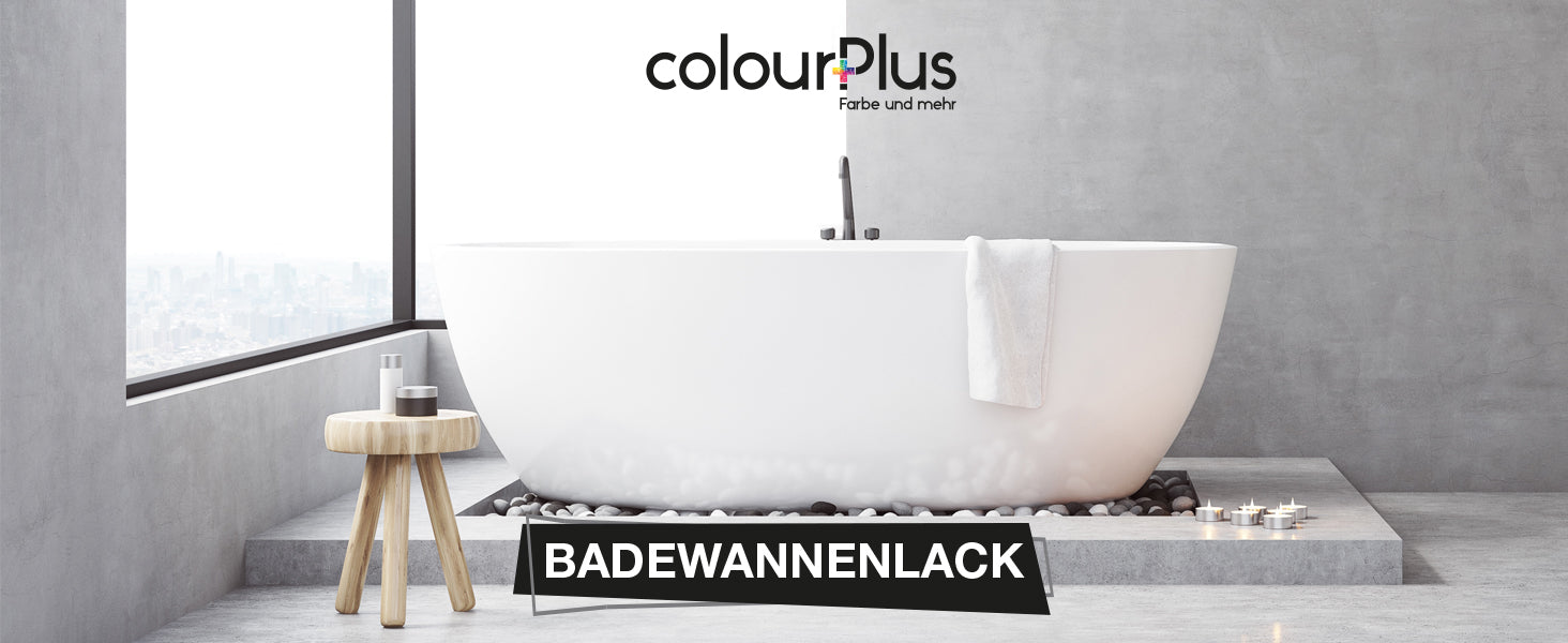 Modernes Badezimmer mit freistehender Badewanne und Schriftzug zum ColourPlus Badewannenlack als Headerbild