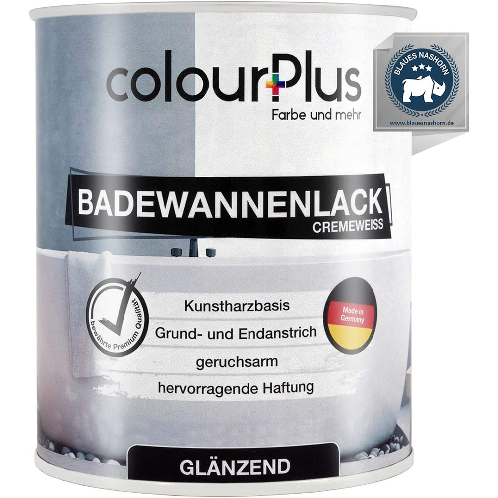 Einzelne Dose ColourPlus Badewannenlack glänzend in Cremeweiss mit Produktinformationen auf dem Etikett