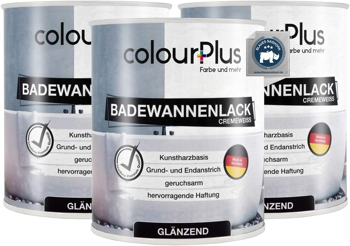 Drei Dosen ColourPlus Badewannenlack glänzend in Cremeweiss nebeneinander dargestellt