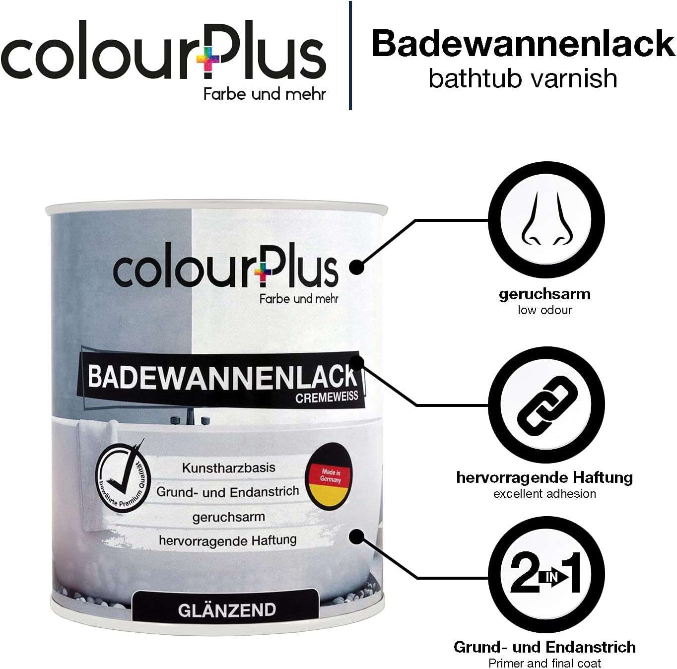 ColourPlus Badewannenlack glänzend in Cremeweiss mit grafischer Darstellung der Eigenschaften wie geruchsarm und hervorragende Haftung