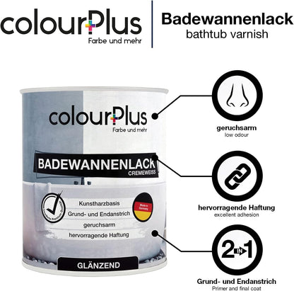 ColourPlus Badewannenlack glänzend in Cremeweiss mit grafischer Darstellung der Eigenschaften wie geruchsarm und hervorragende Haftung