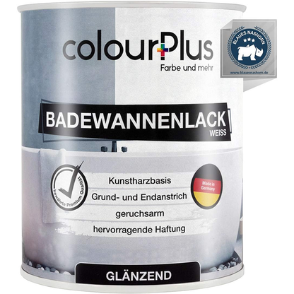 Einzelne Dose ColourPlus Badewannenlack glänzend in Weiss mit Produktangaben auf dem Etikett