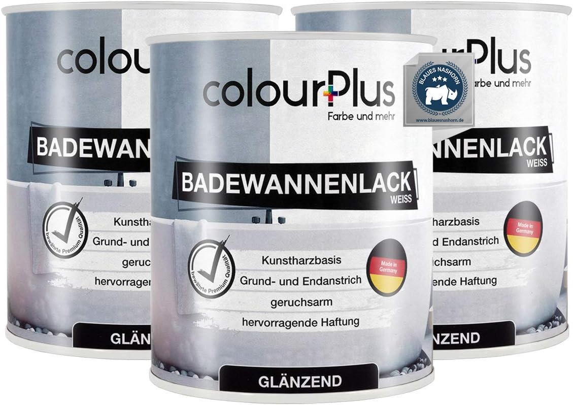 Drei Dosen ColourPlus Badewannenlack glänzend in Weiss nebeneinander dargestellt