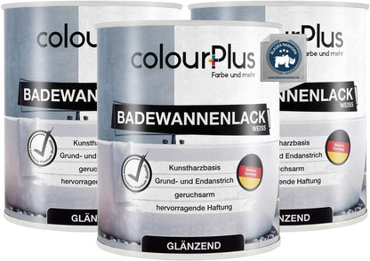 Drei Dosen ColourPlus Badewannenlack glänzend in Weiss nebeneinander dargestellt