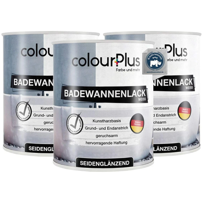 Drei Dosen ColourPlus Badewannenlack seidenglänzend in Weiss nebeneinander dargestellt