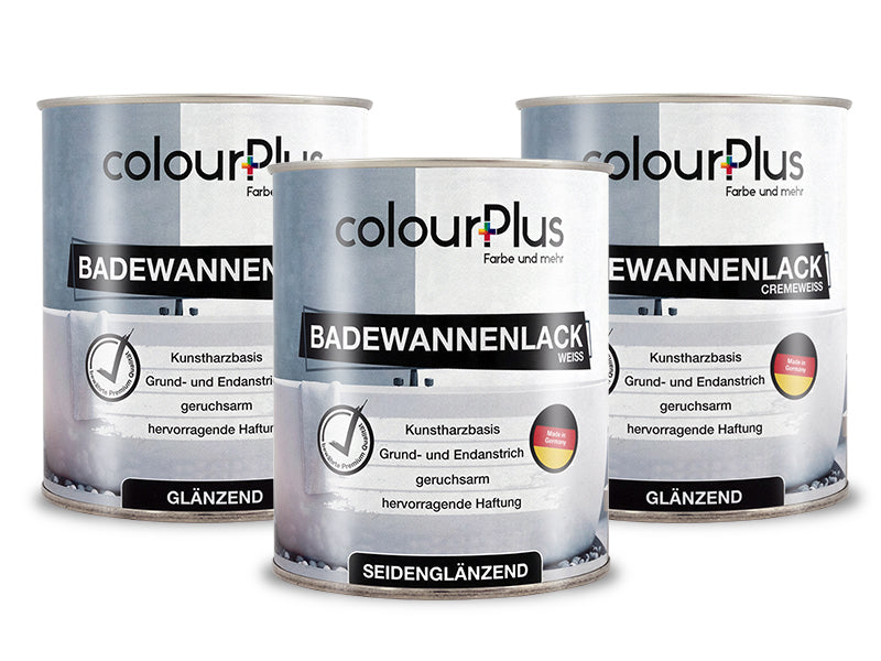 Drei Dosen ColourPlus Badewannenlack in Weiss und Cremeweiss in glänzender und seidenglänzender Ausführung