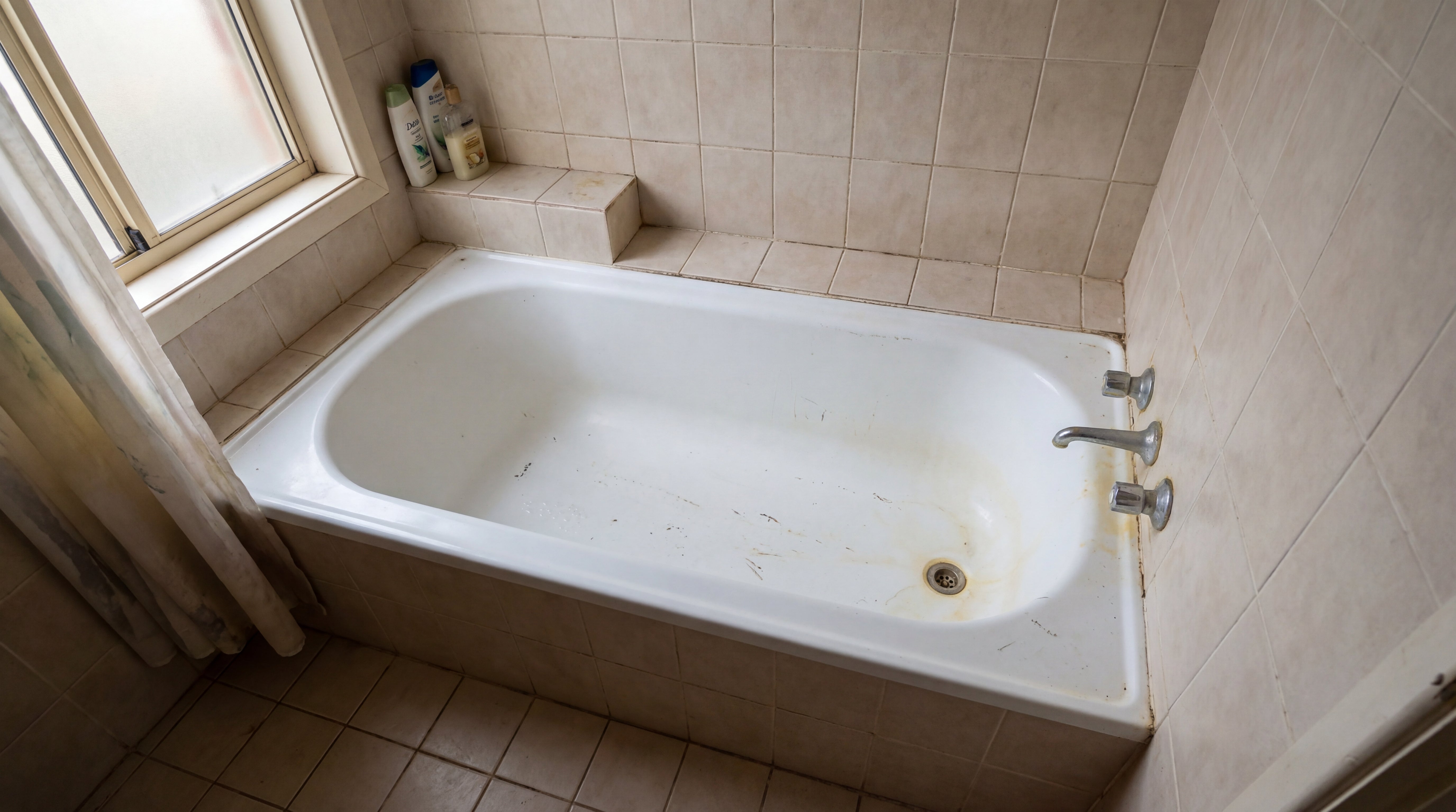 Verschmutzte und verfärbte Badewanne vor der Renovierung mit ColourPlus Badewannenlack