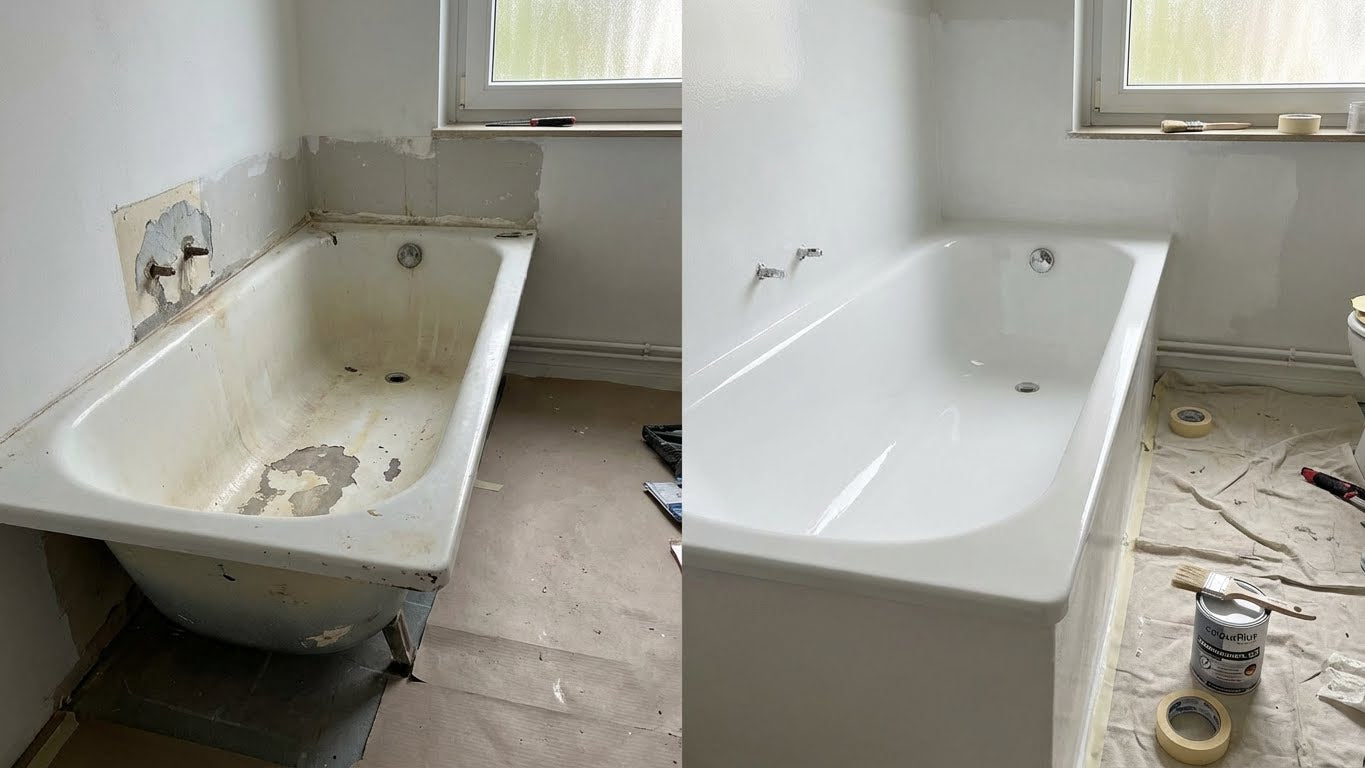 Vorher Nachher Vergleich einer stark abgenutzten Altbau Badewanne nach Renovierung mit ColourPlus Badewannenlack