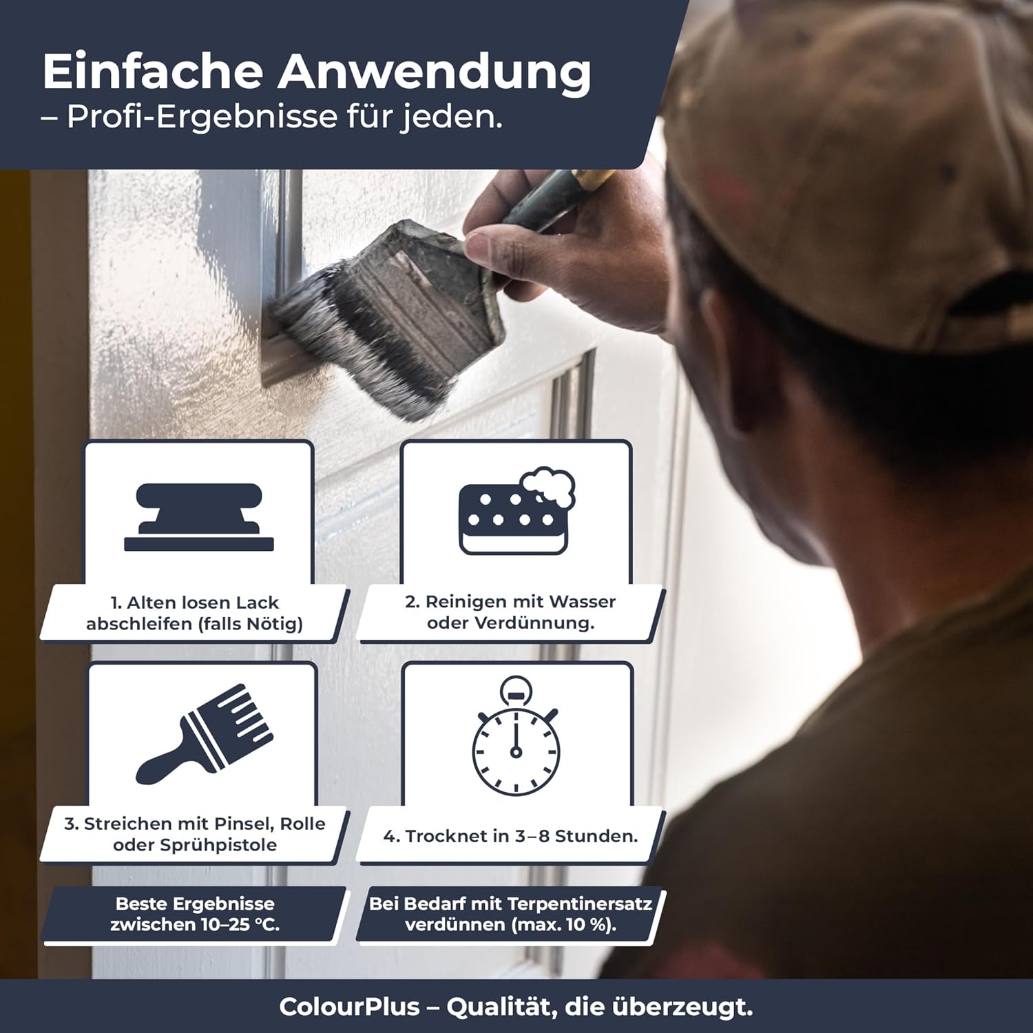 Schritt-fuer-Schritt-Anleitung zur Anwendung des ColourPlus Boots- und Yachtlacks mit Schleifen, Reinigen, Streichen und Trocknungszeit