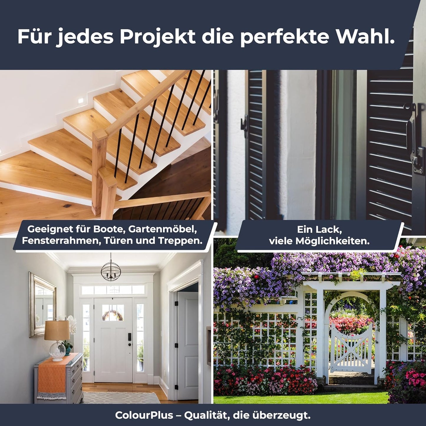 Anwendungsbeispiele des ColourPlus Boots- und Yachtlacks fuer Treppen, Fensterrahmen, Tueren und Gartenkonstruktionen