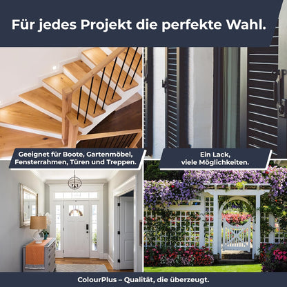 Anwendungsbeispiele des ColourPlus Boots- und Yachtlacks fuer Treppen, Fensterrahmen, Tueren und Gartenkonstruktionen