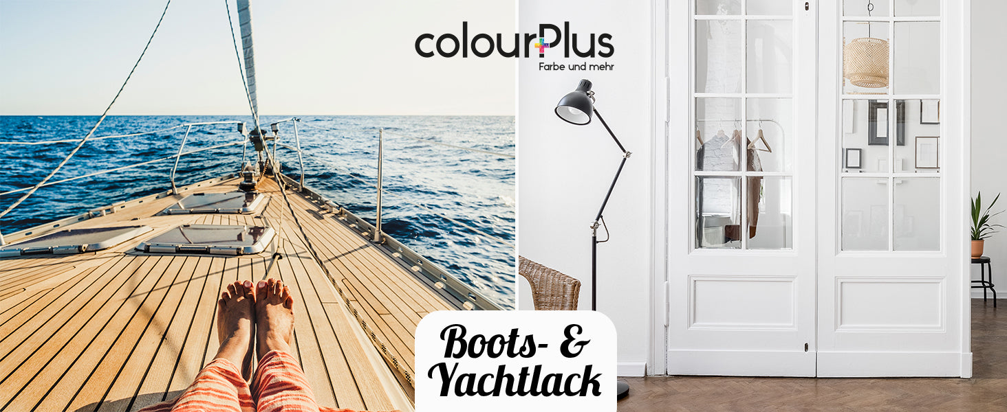 Anwendungsbeispiel fuer ColourPlus Boots- und Yachtlack mit Holzdeck auf Segelboot und weiss lackierten Innentueren im Wohnbereich