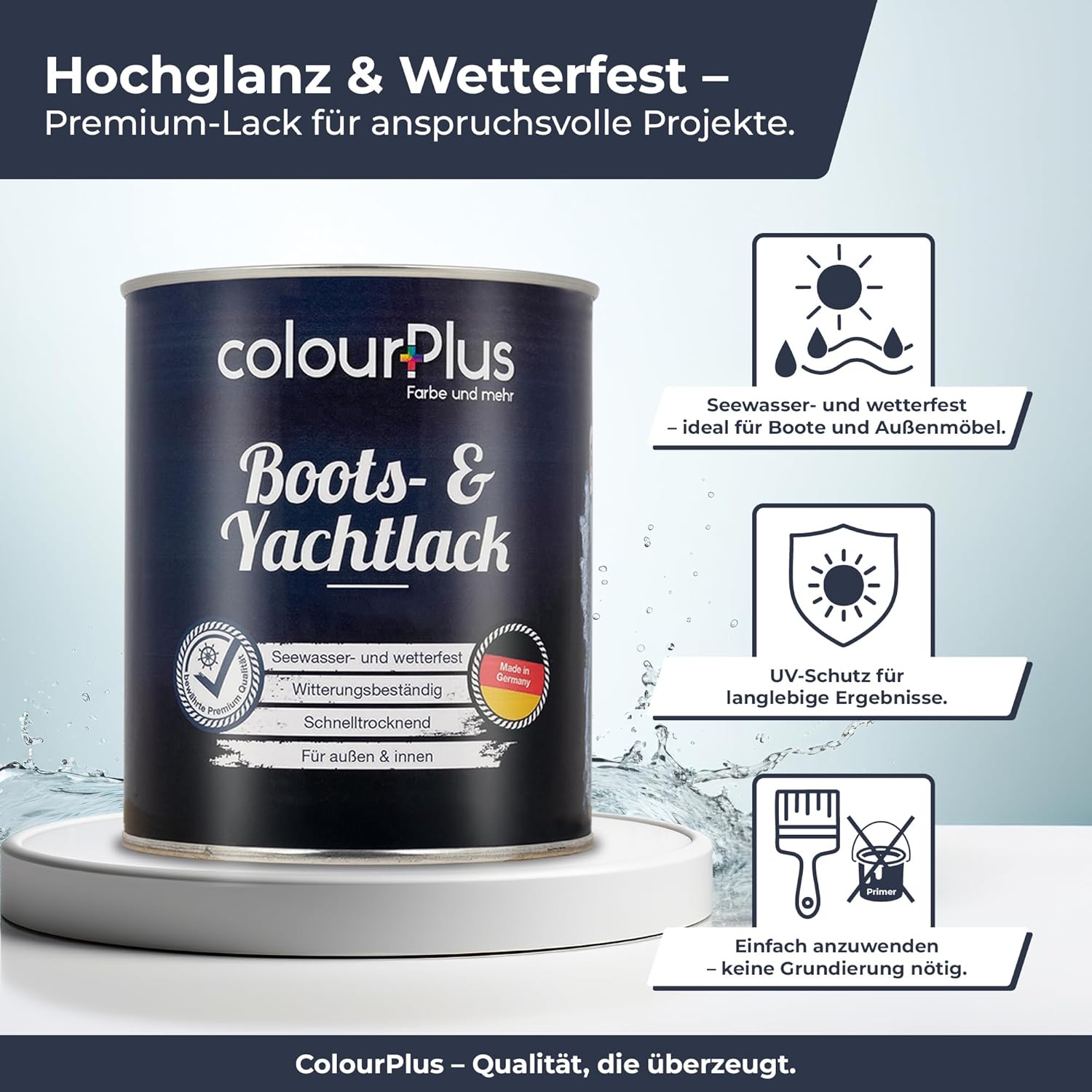 Produktgrafik zum ColourPlus Boots- und Yachtlack mit Dose und Symbolen zu hochglaenzendem, see- und wetterfestem Schutz sowie UV-Bestaendigkeit