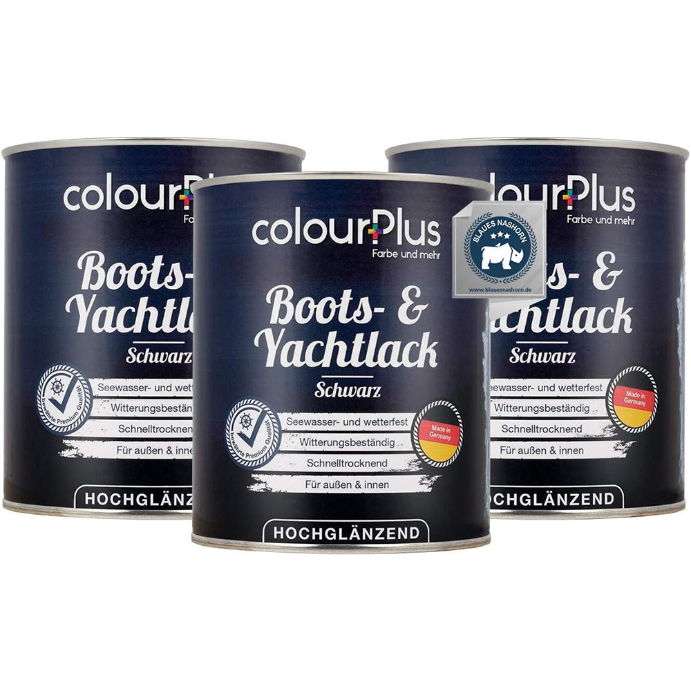 Drei Dosen ColourPlus Boots- und Yachtlack Schwarz hochglaenzend als Variantenuebersicht