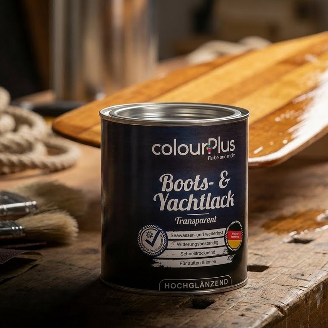 ColourPlus Boots- & Yachtlack Transparent hochglänzend auf einer Werkbank mit Pinseln vor einer frisch lackierten Holzoberfläche.